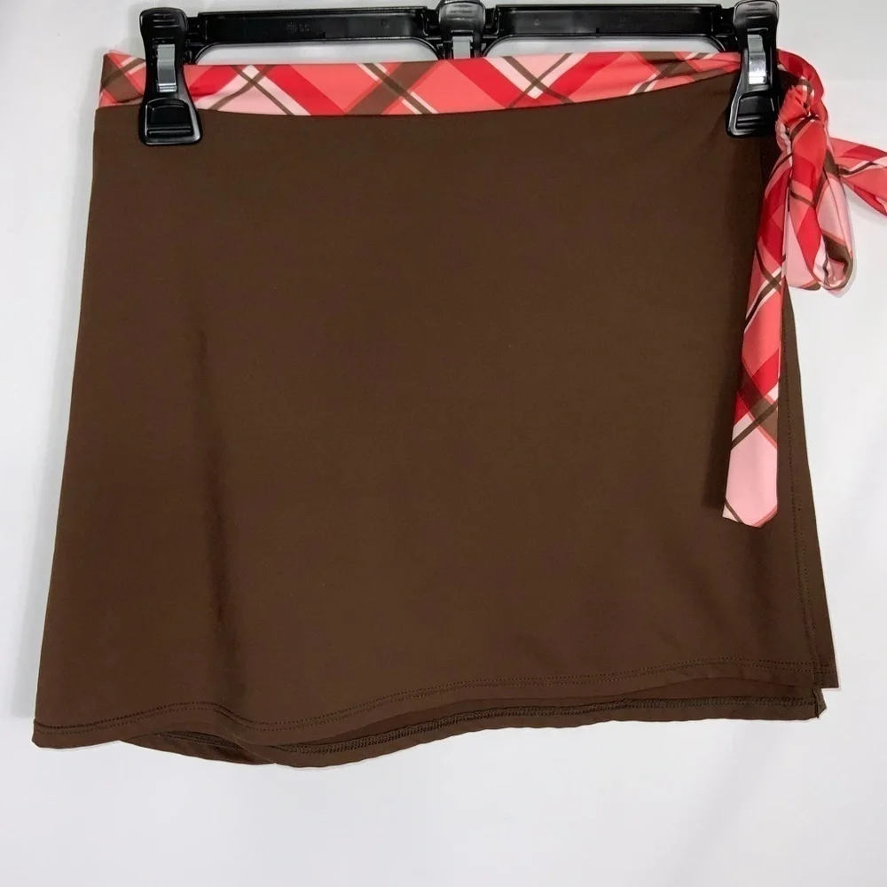 Anne Cole Brown Retro Swim Skirt Orange & White Criss Cross Tie Waistband Large